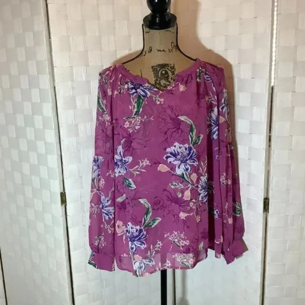 style & co pink floral long sleeve blouse size small